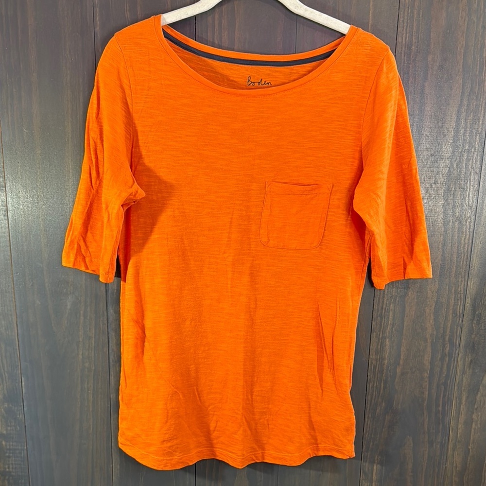 Boden Orange 3/4 Sleeve Relaxed Boatneck Tee w/ Pocket 100% Cotton Medium